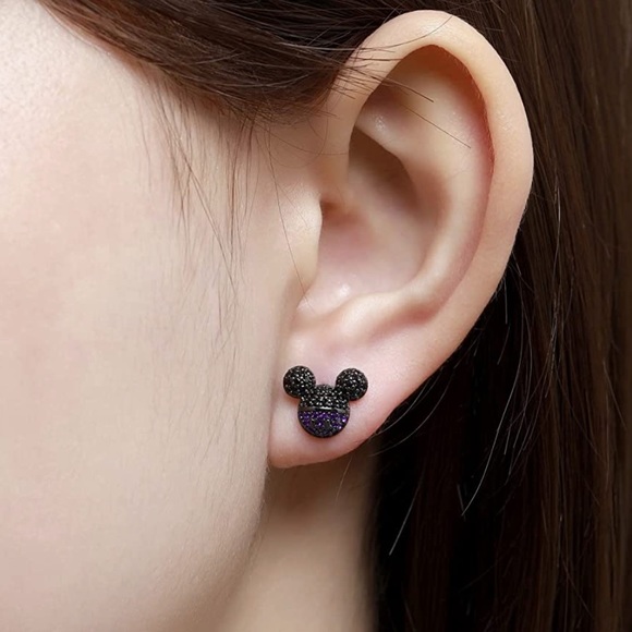 Jewelry - NWT Disney Mickey Mouse Stud Earrings CZ with 925 Sterling Silver Black & Purple